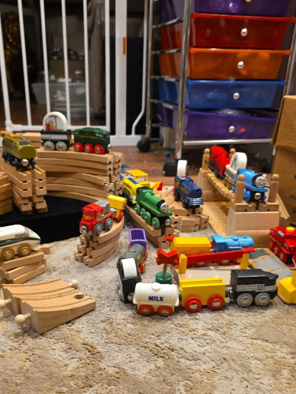 Vintage Multicolor Wooden Train Set with Engines, Cars & Tracks